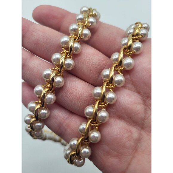 VTG faux pearl double row necklace gold tone weaved link statement glam long - Picture 6 of 6